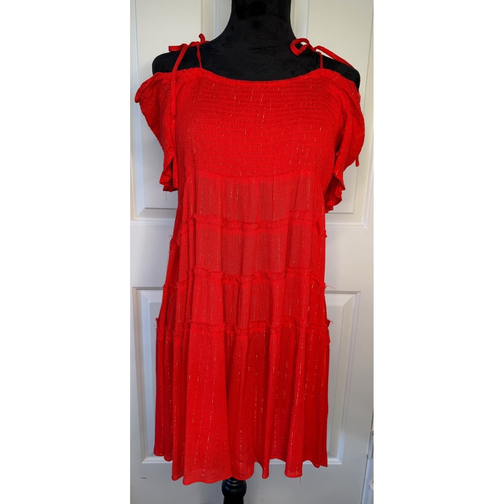 Umgee Red Metallic Gold Stripe Smocked Tiered Cold Shoulder Dress Large NWT